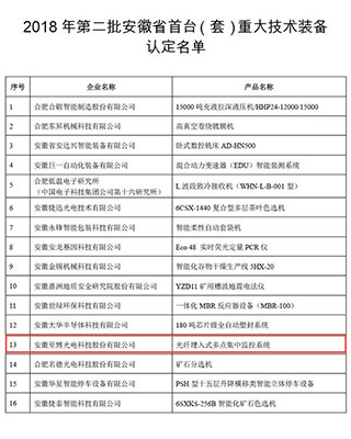 2018年安徽省首台（套）重大技术装备认定